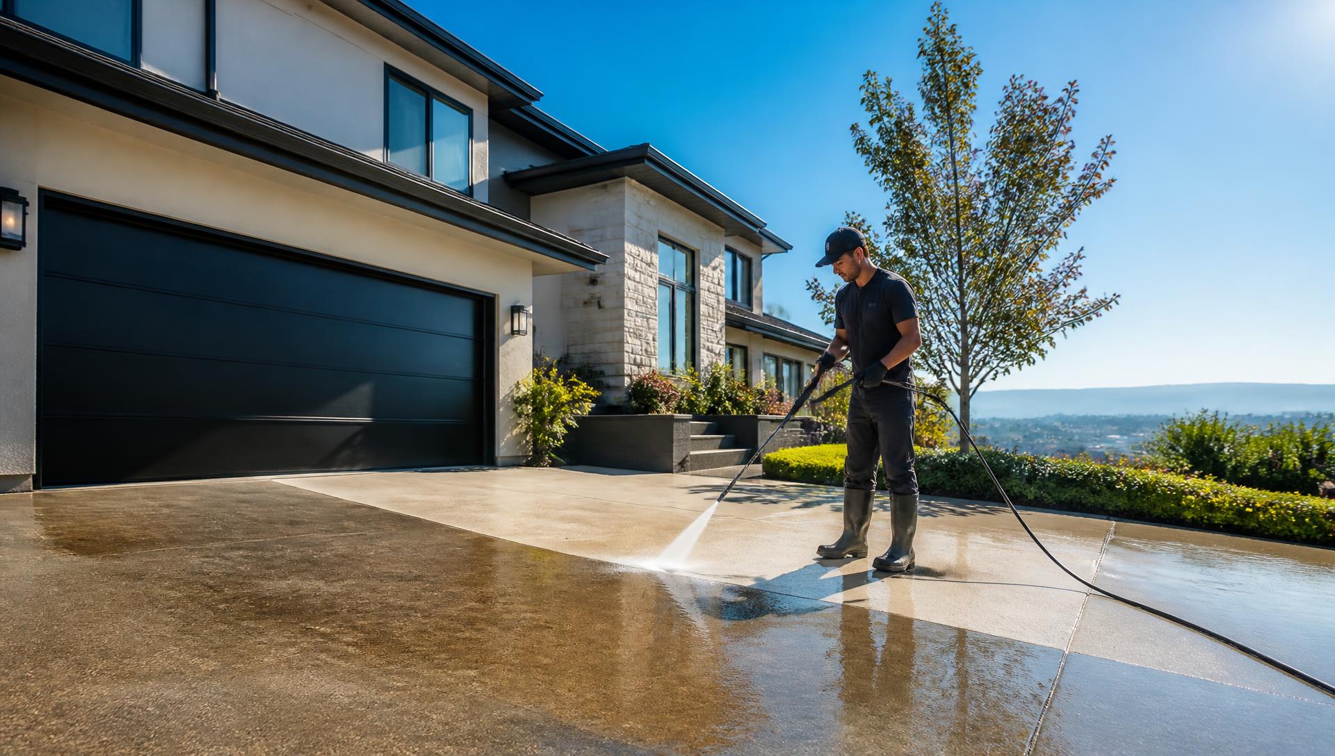 Professional pressure washing a residential driveway in the Bay Area